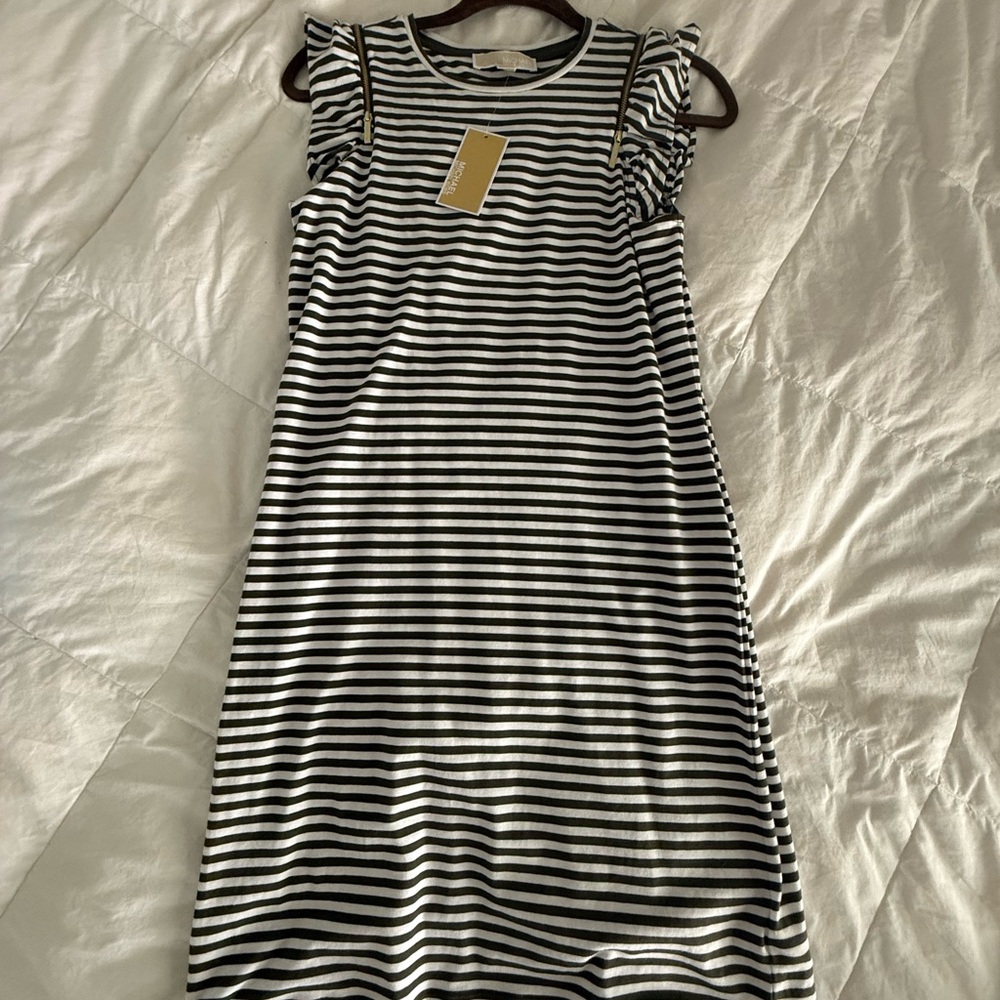 Olive green and White Striped Dress